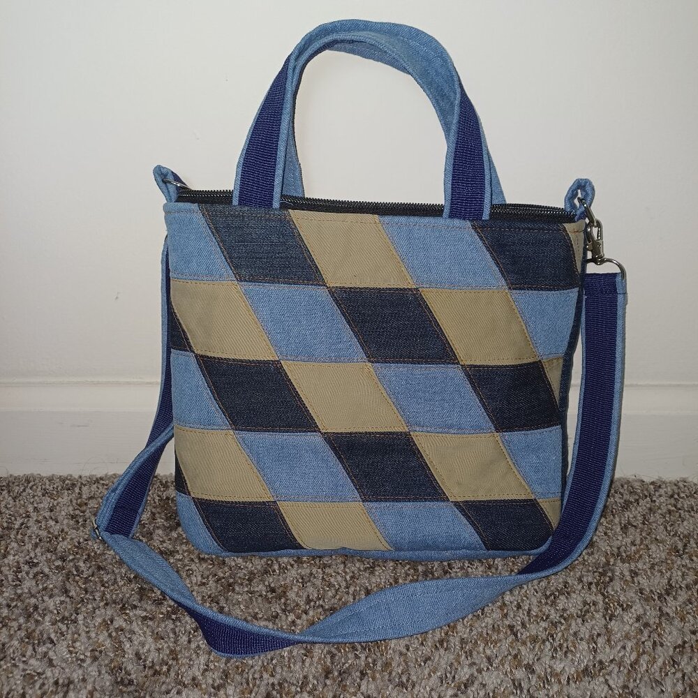 Rhomboid Pattern Blue Jean Denim Purse Upcycled Handmade Bag Shoulder Crossbody